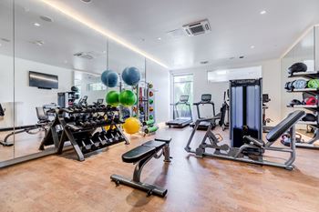A gym with cardio equipment and mirrors on the wall